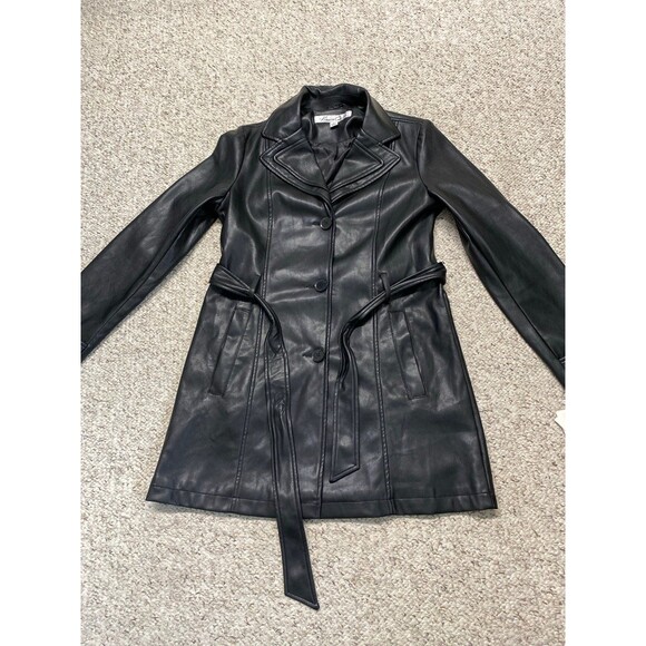 Kenneth Cole Black Faux Leather Trench Coat – Belted Longline Moto Chic M - Picture 5 of 12